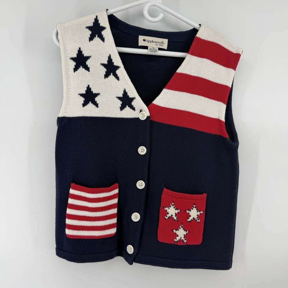 Appleseeds Knit Sweater Vest Womens M Patriotic Flag Red White Blue Americana